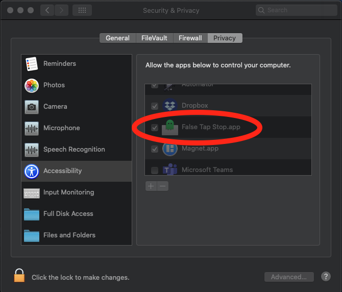 macOS Accessibility privacy settings with False Tap Stop enabled
